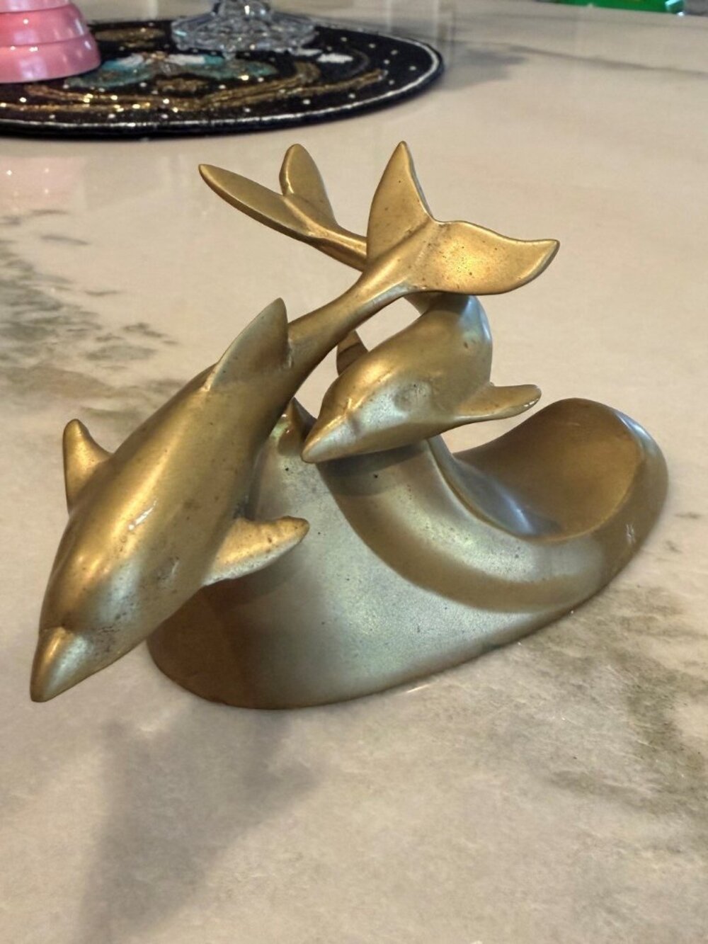 Vintage Brass Double Dolphin Sculpture on Wave 6 Inch Nautical Decor